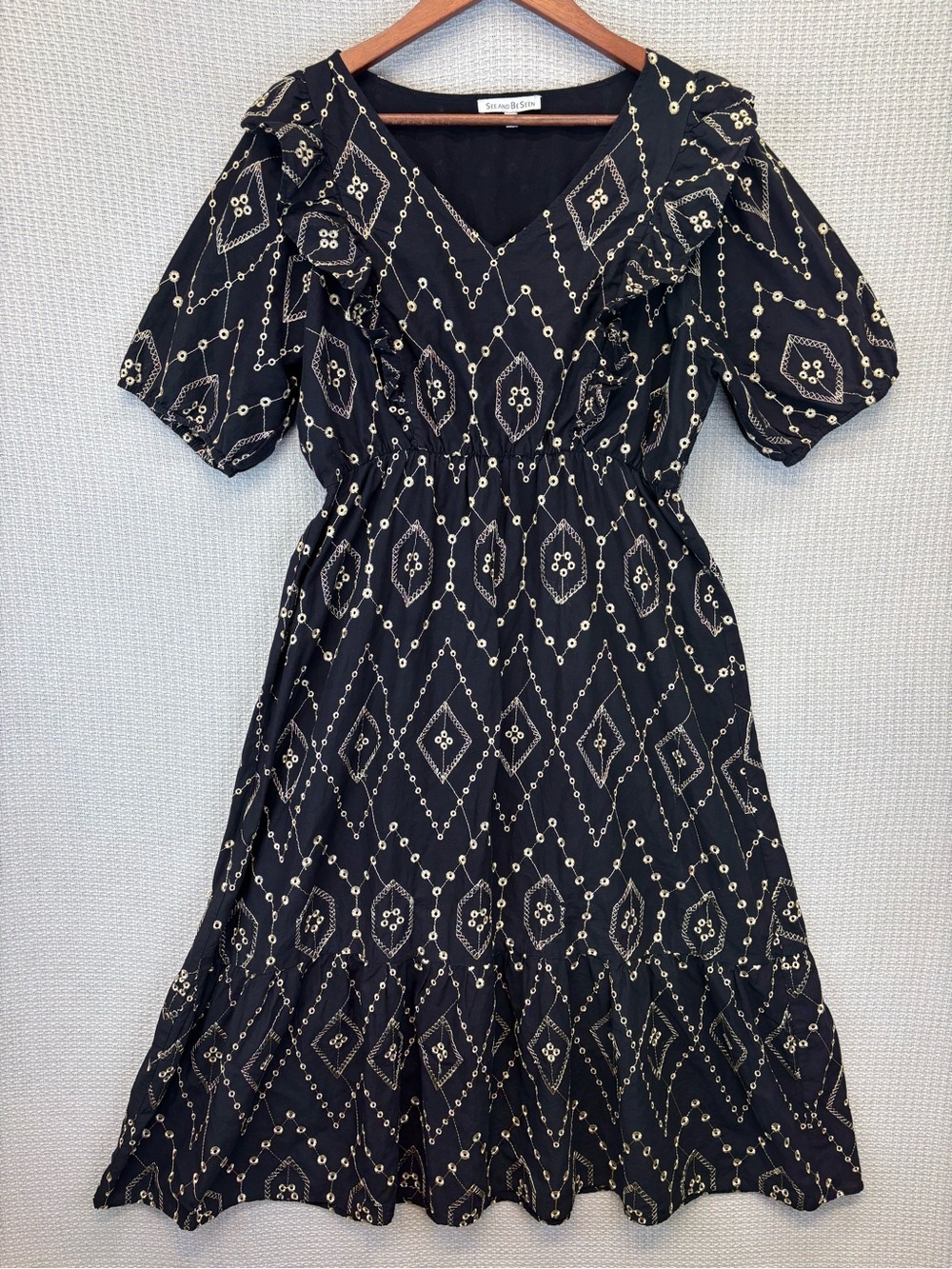 See and Be Seen Black Embroidered Eyelet Cotton Boho Midi Dress Boho Chic Med